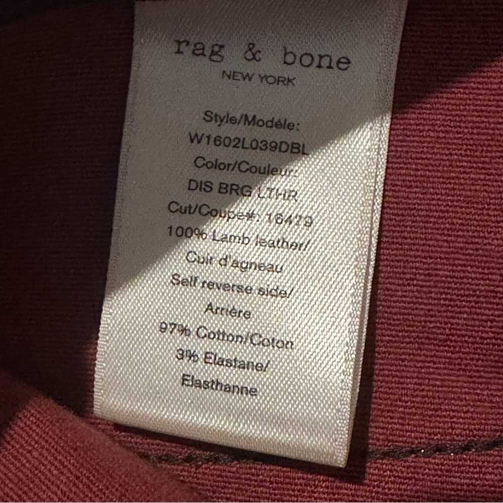 (Sold)RAG & BONE "THE LEATHER SKINNY" W1602L038DBL Women Size 26 WASHED BURGUNDY - Picture 8 of 12